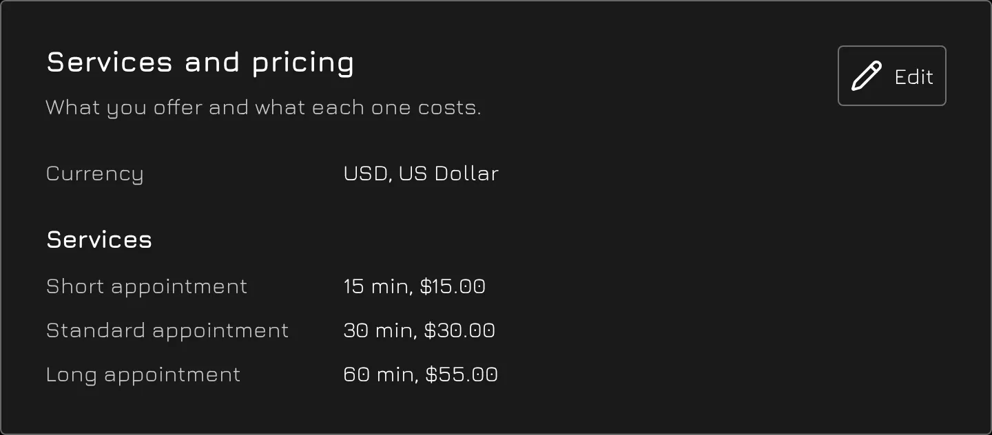 The services list, each service with a duration and a price.
