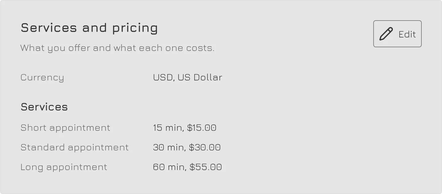 The services list, each service with a duration and a price.